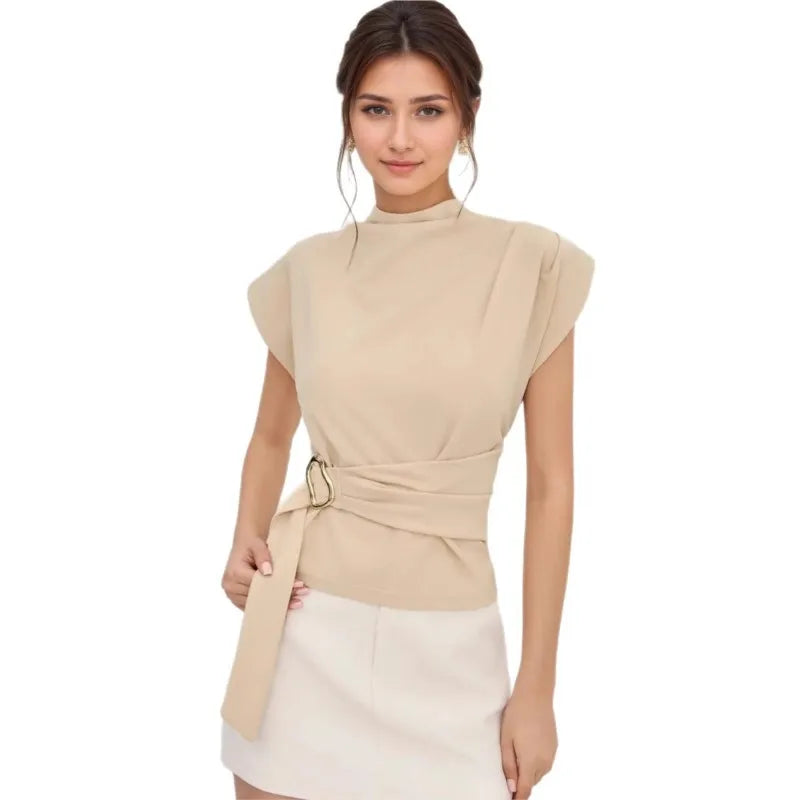 Fashionable and minimalist European and American semi high neck short sleeved off white waist with button up women's top