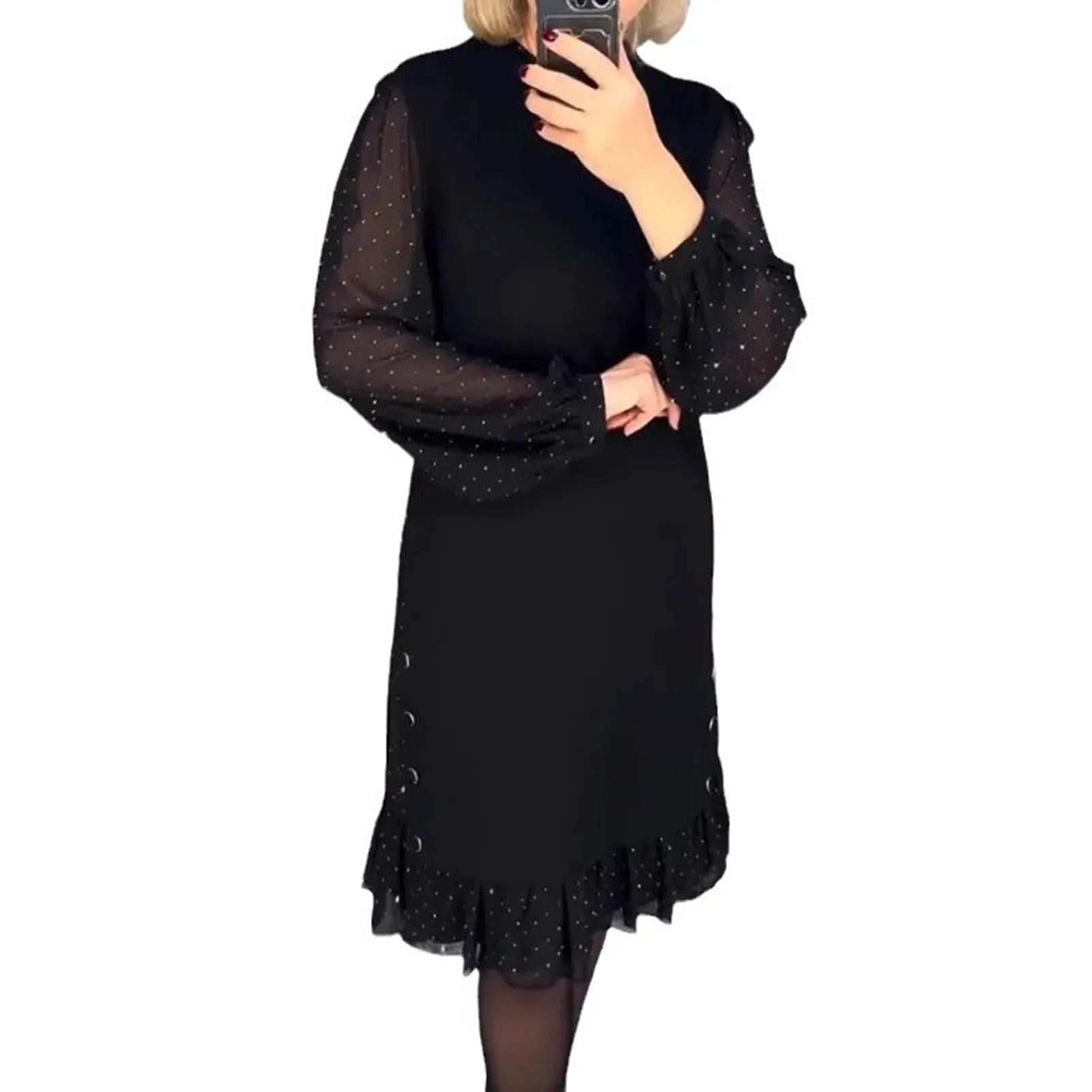 Dot Balloon Sleeve Dress Balloon Sleeve Midi Dress Elegant Knee-length Midi Dress with Mesh Balloon Sleeves Ruffle for Mid-aged