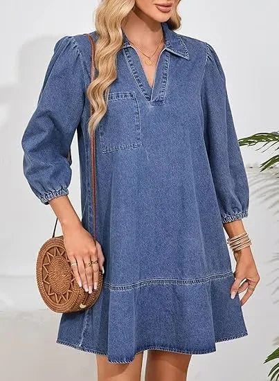 2025 Women's New Pullover V-neck Loose Long-sleeved Fashionable Casual Mini Dress Women's Daily Outdoor Loose Temperament Dress