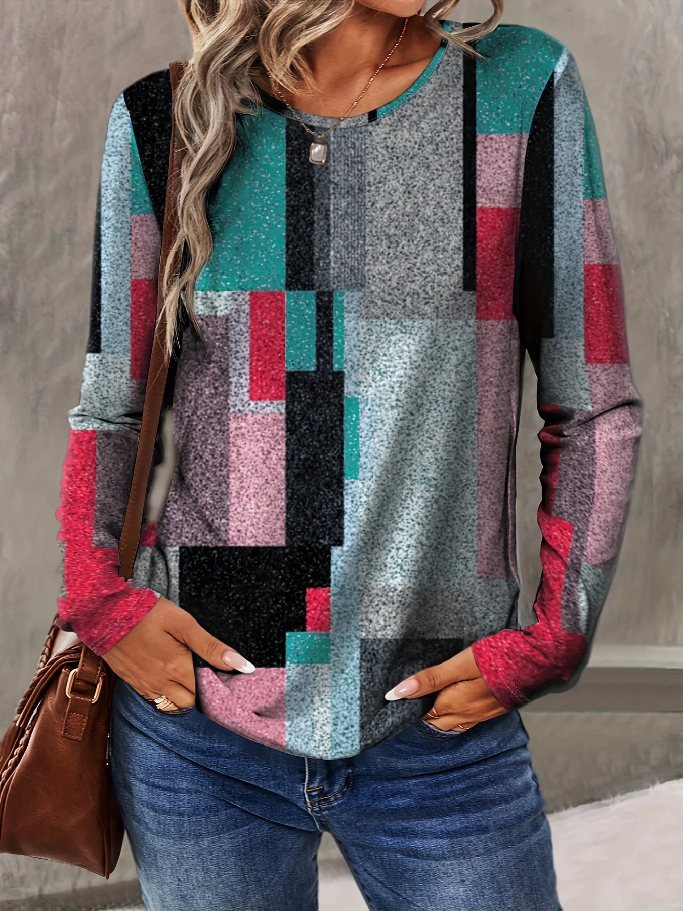 Women's 3D Plaid Stripe Print T-shirt Fashion Long Sleeve Round Neck Regular Tops Holiday Weekend Spring and Autumn